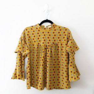 Anthropologie Eri + Ali Mustard Ruffle Sleeve Top
